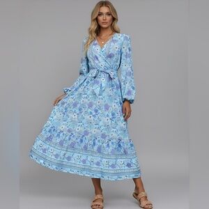 Floral Print Lantern Sleeve Ruffle Hem Belted Dress
